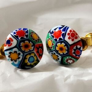 Vintage Millefiori Glass Floral Clip-on Earrings-used‎